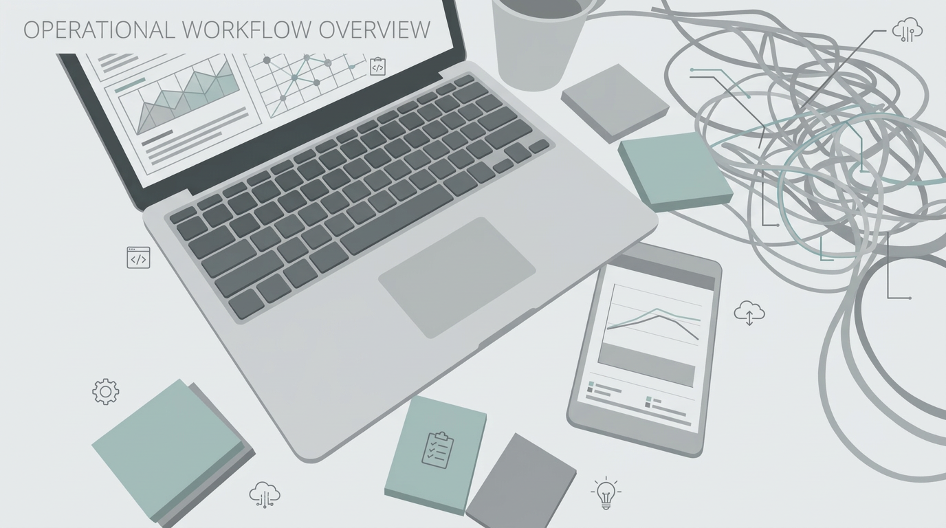 Chaotischer Schreibtisch mit zu vielen Tools und Software